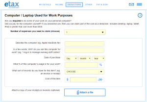 Computer tax deduction section in Etax tax return