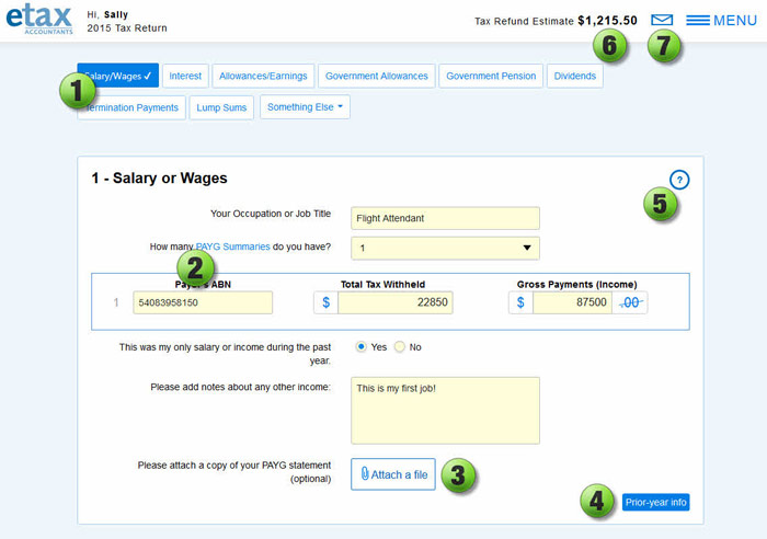 Screenshot showing seven key features of the Etax online tax return