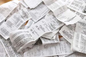 Pile of tax receipts for claiming at tax time