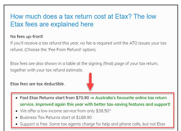 Etax fees on the FAQ page