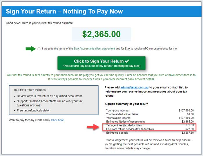 Etax fees found on the signing page