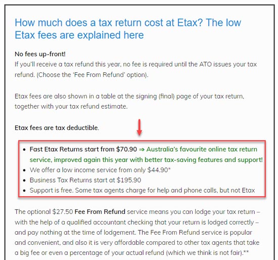 Etax fees on FAQ page