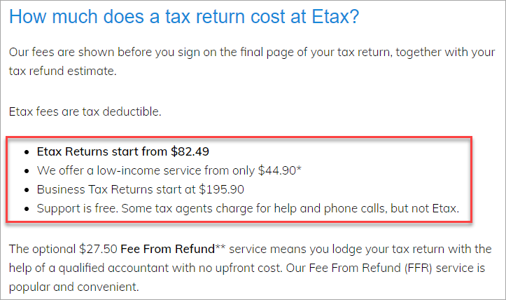 screenshot of fees shown on FAQ page
