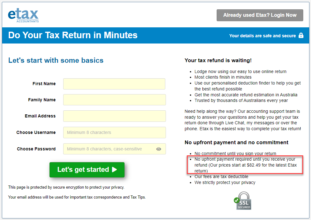 Etax fees shown on registration page screenshot