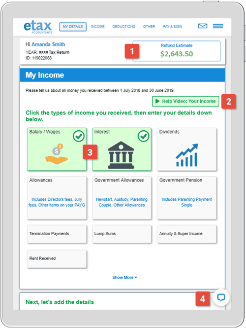 Etax tax return income sections