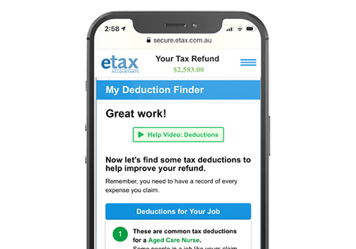 Etax tax deductions section on mobile 