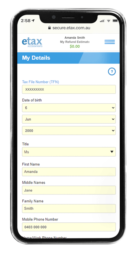 My details section in Etax online tax return