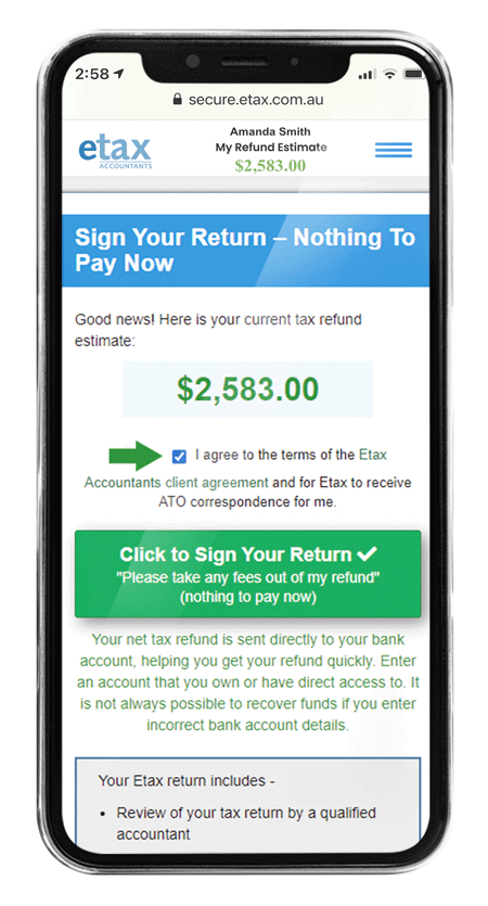 Pay and sign page in Etax tax return