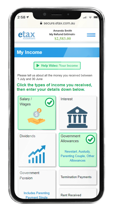 My income in Etax online tax return
