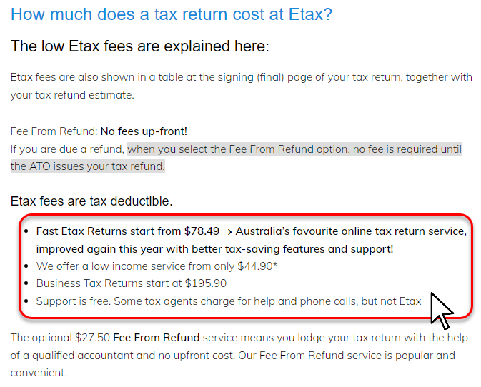 Etax fees on FAQ page