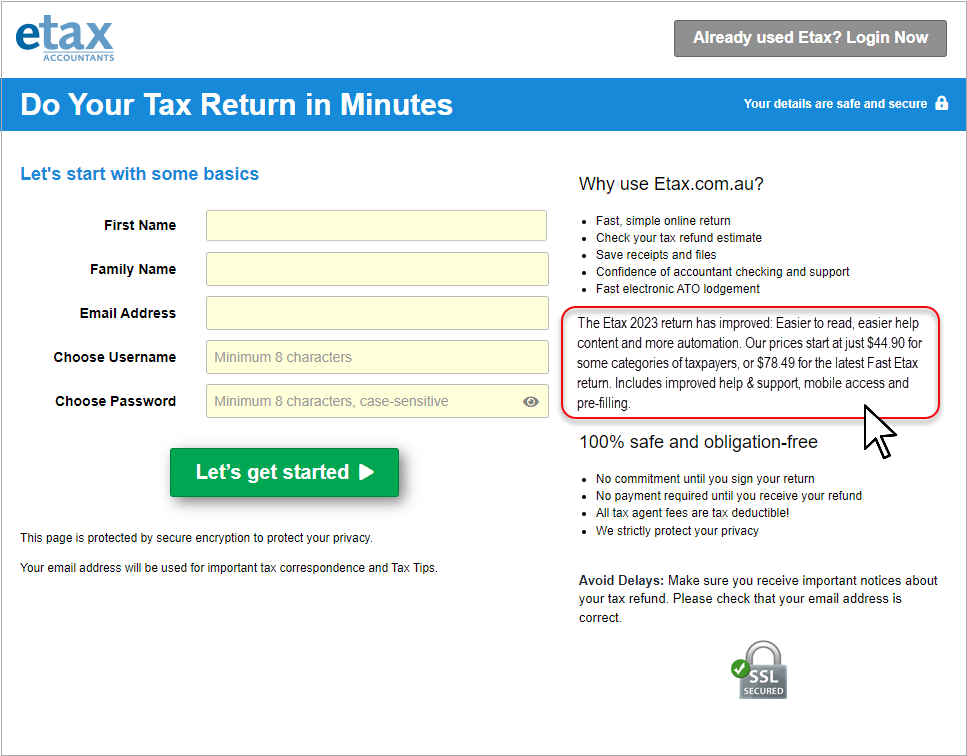 Etax fees on registration page