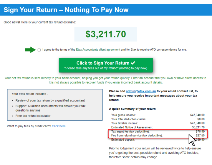 Etax fees on payment page