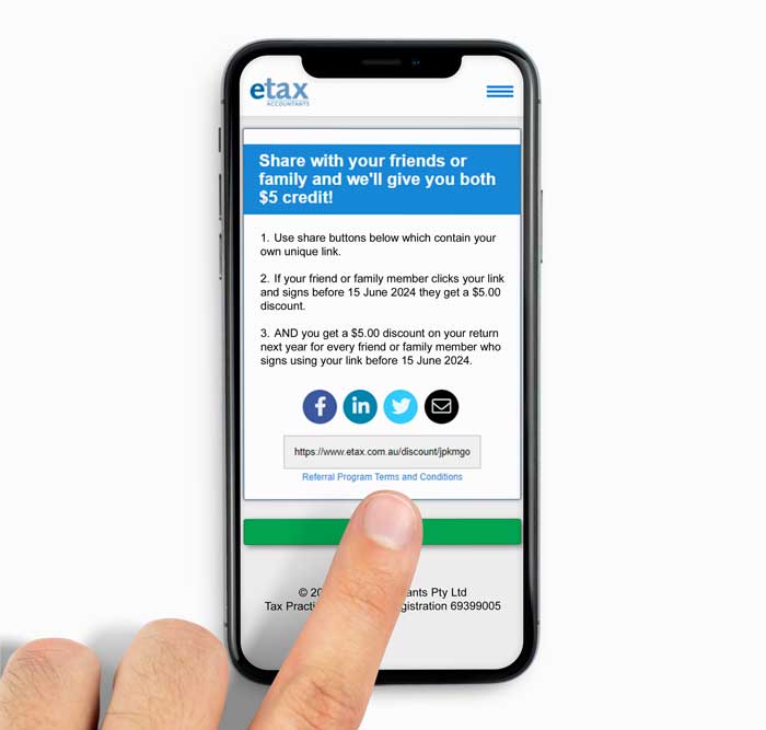 Etax referral program on a mobile screen