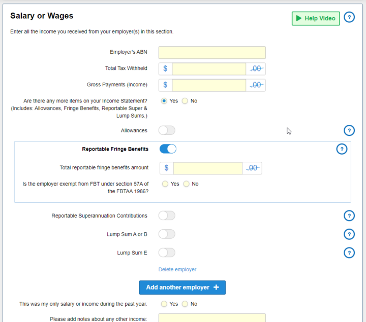 Fringe Benefits Section of Etax.com.au