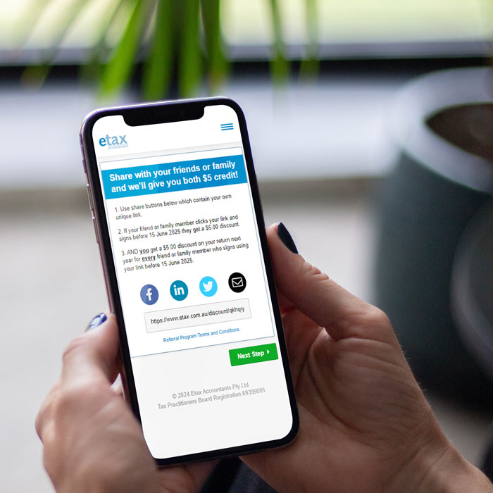 Etax referral program on a mobile screen