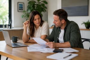 Young couple sitting a a desk together doing paperwork