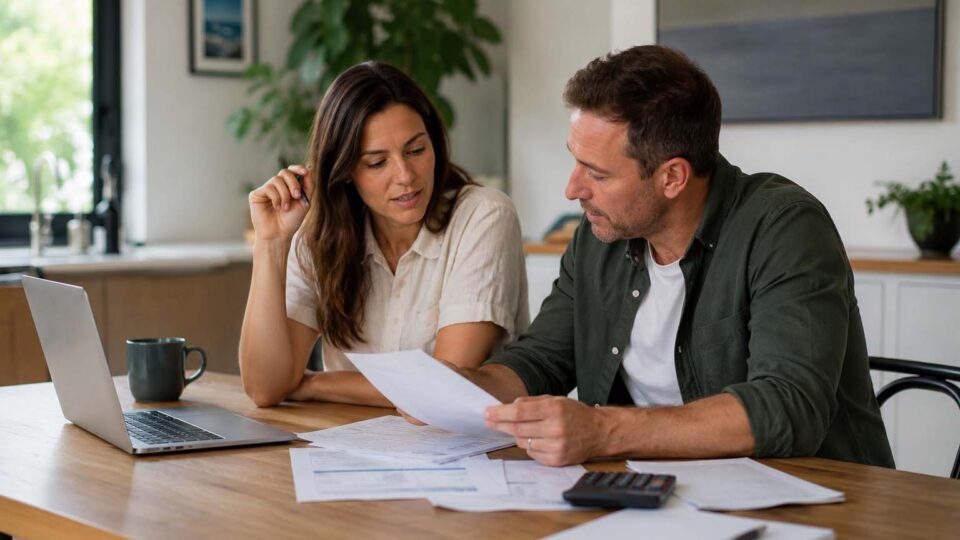 Young couple sitting a a desk together doing paperwork