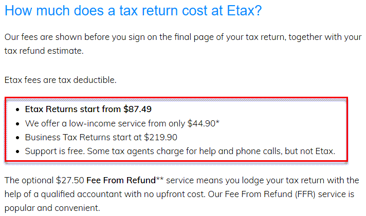 Etax Fees FAQ Screenshot