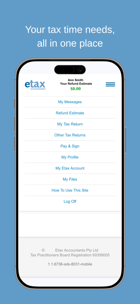 Mobile app screenshot - menu