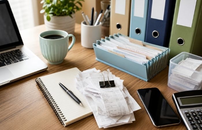 Tax record keeping. Receipts and folders out on a desk