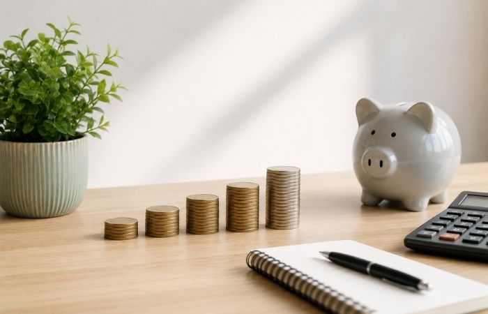 Tax brackets Australia. Office table with piggy bank and notebook