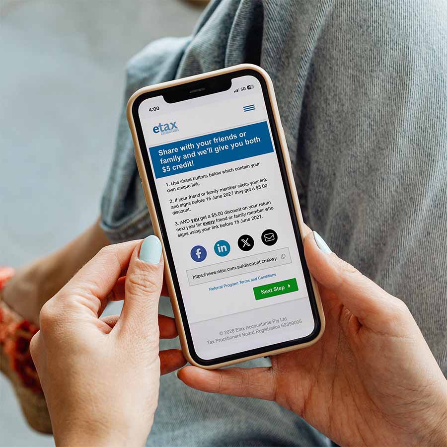 Etax referral program on a mobile screen
